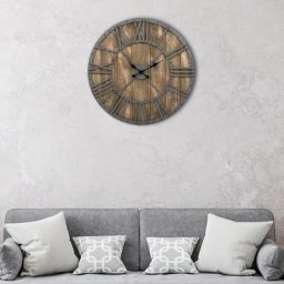 Große Wanduhr mit Römische Ziffern, ø 76 cm, Grau/Natur, aus Eisen und Mangoholz, im Vintage-Stil,