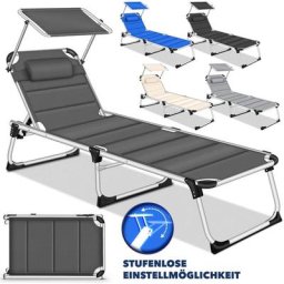 Sonnenliege mit Dach und Kopfkissen Grau - Basic Polsterung Gartenliege Liegestuhl klappbar