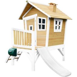 Spielhaus Robin mit weißer Rutsche Stelzenhaus in Braun & Weiß aus fsc Holz für Kinder Spielturm
