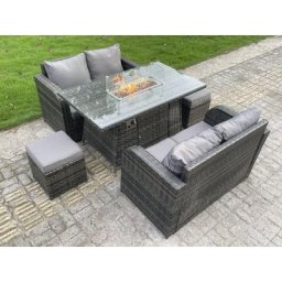 Fimous Rattan Outdoor Gartenmöbel Gas Feuerstelle Esstisch Sets Gasheizung Love Sofa Kleine Hocker
