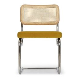 Design Stuhl UBERTO - Design Stuhl, Samt in Senfgelb, Rattan & verchromtes Metall