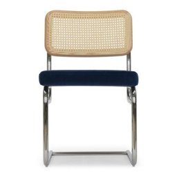 Design Stuhl UBERTO - Design Stuhl, Samt in Dunkelblau, Rattan & verchromtes Metall