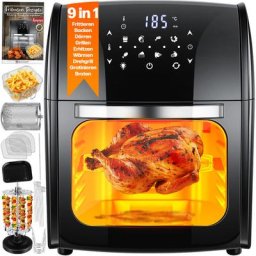 Xxl Airfryer 9in1 Heißluftfritteuse Fritteuse Drehgrill Mikrowellen Rezeptheft Grillspieß 1800 Watt
