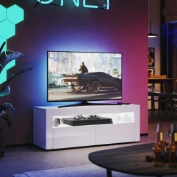 Tv Lowboard Weiß Hochglanz mit 12 led Farben Beleuchtung,Eine offene Ablage und 2 Schranktüren,