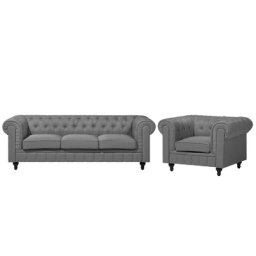 Sofa Set Hellgrau Polsterbezug Sitzgruppe Chesterfield Stil Glamourös Wohnzimmer