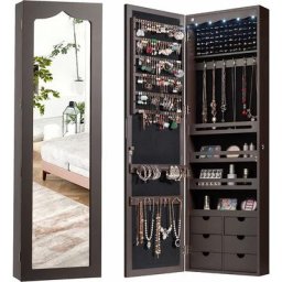 Schmuckschrank mit Spiegel, Wandmontierbarer abschliessbarer Schmuckschrank mit 5 LED-Lichtern, 4