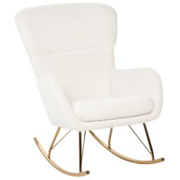 Schaukelsessel Weiß Bouclé Stoff mit Armlehnen Goldene Beine für Wohnzimmer Kinderzimmer Schlafzimmer Wohnbereich Modernes Design