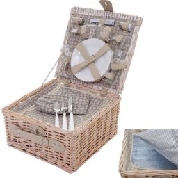 Picknickkorb-Set für 4 Personen, Picknicktasche + Kühlfach, Porzellan Glas Edelstahl, beige ~ Variantenangebot