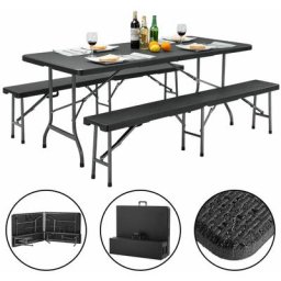 Casaria - Bierzeltgarnitur 180 cm Klappbar Rattan Optik Kunststoff 2x Bierbank 1x Breiter Tisch