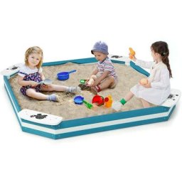 126 x 126 x 14 cm Sandkasten Holz, Sandbox mit 4 integrierten Sitzen, Sandkiste für Kinder ab 3