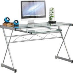 Schreibtisch Computertisch Arbeitsplatz 120 cm aus Glas und Stahlgestell mit Herausziehbarer