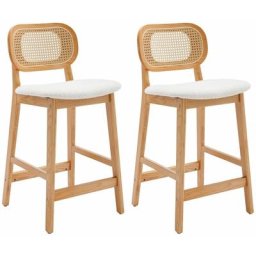 2er Set Barhocker aus Rattan gepolsterter Barstuhl Tresenhocker mit Holzbeine für Kücheninsel, Beige