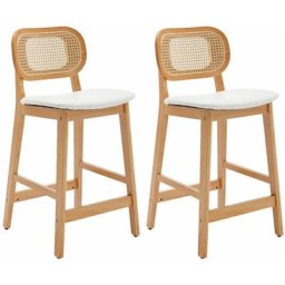 2er Set Barhocker aus Rattan gepolsterter Barstuhl Tresenhocker mit Holzbeine für Kücheninsel, Weiß