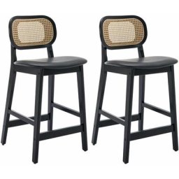 2er Set Barhocker aus Rattan gepolsterter Barstuhl Tresenhocker mit Holzbeine für Kücheninsel,