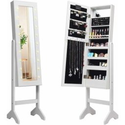 18 LED-Schmuckschrank neigungsverstellbar, Schmuckregal mit Ganzkoerperspiegel und kleinem