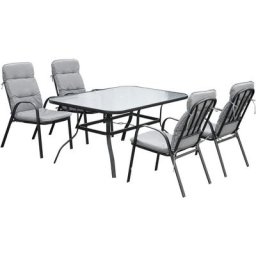 Gartenmöbel-Set für 4 Personen mit 1 Tisch 4 Stühle Sitzgarnitur mit Schirmloch, Stahl+Polyester,