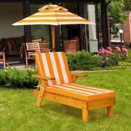 Kinder Sonnenliege mit Sonnenschirm, Kinderliege Holz, Gartenliege, bis 50kg, Strandliege
