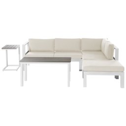 Lounge Set Weiß Aluminium und Kunstholz mit Auflagen Beige Stoff Skandi Modern 5-Sitzer Ecksofa und 2 Couchtische Terrasse Garten Möbel
