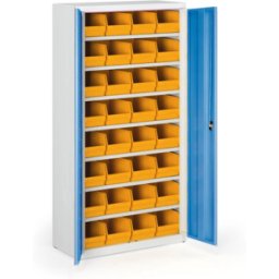 B2B Partner Schrank mit Sichtlagerkästen BASIC - 1800 x 400 x 920 mm, 32xC, grau/blaue Tür