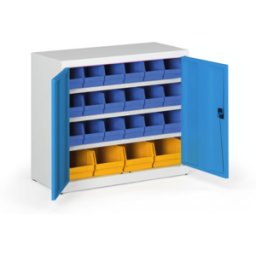 B2B Partner Schrank mit Sichtlagerkästen BASIC - 800 x 400 x 920 mm, 18x B, 4x C, grau/blaue Tür