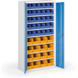 B2B Partner Schrank mit Sichtlagerkästen BASIC - 1800 x 400 x 920 mm, 30xB/16xC, grau/blaue Tür