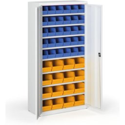 B2B Partner Schrank mit Sichtlagerkästen BASIC - 1800 x 400 x 920 mm, 30xB/16xC, grau/graue Tür