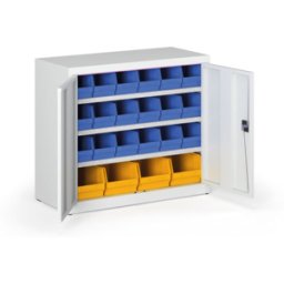 B2B Partner Schrank mit Sichtlagerkästen BASIC - 800 x 400 x 920 mm, 18x B, 4x C, grau/graue Tür