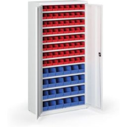 B2B Partner Schrank mit Sichtlagerkästen BASIC - 1800 x 400 x 920 mm, 64xA/24xB, grau/graue Tür