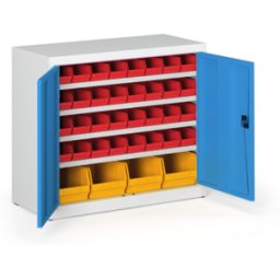 B2B Partner Schrank mit Sichtlagerkästen BASIC - 800 x 400 x 920 mm, 32x A, 4x C, grau/blaue Tür