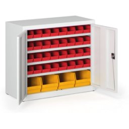 B2B Partner Schrank mit Sichtlagerkästen BASIC - 800 x 400 x 920 mm, 32x A, 4x C, grau/graue Tür