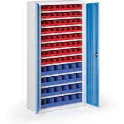 B2B Partner Schrank mit Sichtlagerkästen BASIC - 1800 x 400 x 920 mm, 64xA/24xB, grau/blaue Tür