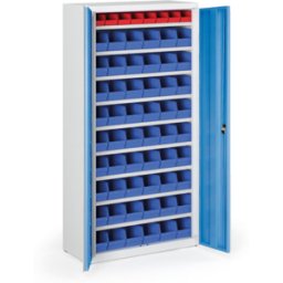 B2B Partner Schrank mit Sichtlagerkästen BASIC - 1800 x 400 x 920 mm, 8xA/54xB, grau/blaue Tür