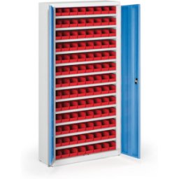B2B Partner Schrank mit Sichtlagerkästen BASIC - 1800 x 400 x 920 mm, 104xA, grau/blaue Tür