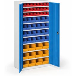 B2B Partner Schrank mit Sichtlagerkästen BASIC - 1800 x 400 x 920 mm, 24xA/24xB/12xC, grau/blaue Tür