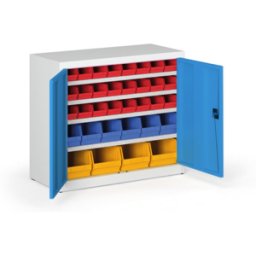 B2B Partner Schrank mit Sichtlagerkästen BASIC - 800 x 400 x 920 mm, 24xA, 6x B, 4x C, grau/blaue Tür