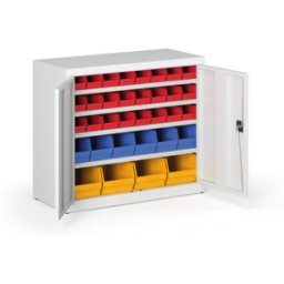 B2B Partner Schrank mit Sichtlagerkästen BASIC - 800 x 400 x 920 mm, 24xA, 6x B, 4x C, grau/graue Tür