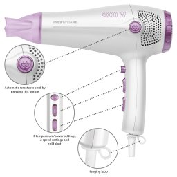 Proficare HTD 3020 - Secador de pelo profesional iónico, 3 niveles de temperatura, mango con recogecable, 2000 W, color blanco