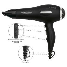 Proficare HTD 3017 - Secador de pelo profesional iónico, motor profesional AC, 3 niveles de temperatura, 2 temperatura, 2200 W, color negro