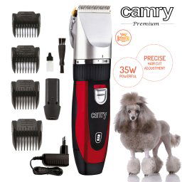 Camry CR 2821 Cortapelos para Mascotas, Perros, Gatos, Profesional, cabezal titanio, cuhillas cerámicas, inalámbrica 2 x bateria recargable, bajo Ruido y Vibración, 4 Peines para Pelo Rizado, Ondulado, Largo de Animales, 35W