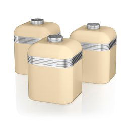 Swan Retro SWKA1020CN Set 3 Botes Cocina Almacenaje Metálicos 1 Litro Herméticos, Acero Lacado, Lata de Especias, Té ,Café, Pasta, Cereales, Arroz, Juego Tarros Diseño Vintage, Crema