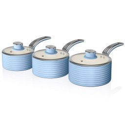 Swan Retro SWPS3020BLN Batería Cocina 3 Cazos 16 18 20cm, 3 Tapas Vidrio, Aluminio Prensado 3mm, Inducción, Antiadherente Cerámica libre PFOA y PTFE, Apta para todas las Cocinas, Vintage, Azul