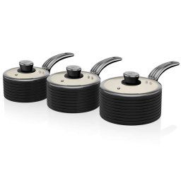 Swan Retro SWPS3020BN Batería Cocina 3 Cazos 16 18 20cm, 3 Tapas Vidrio, Aluminio Prensado 3mm, Inducción, Antiadherente Cerámica libre PFOA y PTFE, Apta para todas las Cocinas, Vintage, Negro