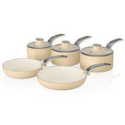 Swan Retro SWPS5020CN Batería Cocina Inducción 5 Piezas, 3 Cazos + 2 Sartenes, Aluminio Prensado, Antiadherente Cerámica sin PFOA y PTFE, Tapas Vidrio, Apta para todas las Cocinas, Vintage, Crema