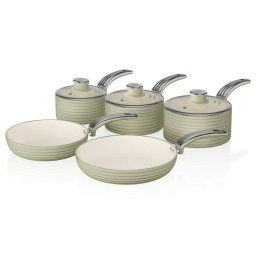 Swan Retro SWPS5020GN Batería Cocina Inducción 5 Piezas, 3 Cazos + 2 Sartenes, Aluminio Prensado, Antiadherente Cerámica sin PFOA y PTFE, Tapas Vidrio, Apta para todas las Cocinas, Vintage, Verde