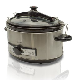 MPM MWO-01M Olla cocción lenta programable 6,5 litros, cubeta cerámica ovalada libre PFOA y PTFE, 3 nivles temperatura, tapa cristal, Slow Cooker acero inoxidable