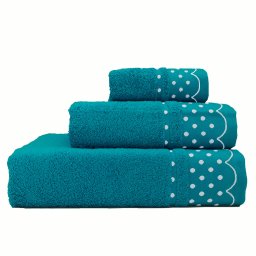 briebe Home Juego de Toallas Baño 100% Algodón Rizo 450gr, Set 3 Piezas, Polka Dots, 3 Tamaños Ducha Sábana, Manos, Tocador, Cenefa Lunares Bordada, Hecho en Portugal, Azul Petróleo