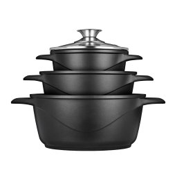 SMILE MGK18 - Batería de Cocina Inducción 6 piezas Aluminio Fundido, 3 ollas, Tapas de Vidrio Templado, Revestimiento Antiadherente, Apta Para Todo Tipo de Cocinas, Libre PFOA