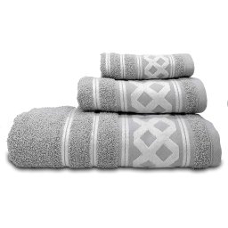 briebe Home Juego de Toallas Baño 100% algodón Rizo 450gr, Set 3 Piezas, Amazonica Basic, 3 Tamaños Ducha Sábana, Manos, Tocador, Cenefa Rombos Bordada, Hecho en Portugal, Gris Claro