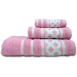 briebe Home Juego de Toallas Baño 100% algodón Rizo 450gr, Set 3 Piezas, Amazonica Basic, 3 Tamaños Ducha Sábana, Manos, Tocador, Cenefa Rombos Bordada, Hecho en Portugal, Rosa Claro