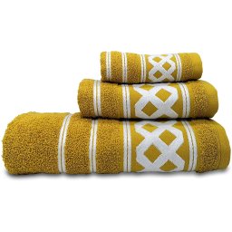 briebe Home Juego de Toallas Baño 100% algodón Rizo 450gr, Set 3 Piezas, Amazonica Basic, 3 Tamaños Ducha Sábana, Manos, Tocador, Cenefa Rombos Bordada, Hecho en Portugal, Mostaza